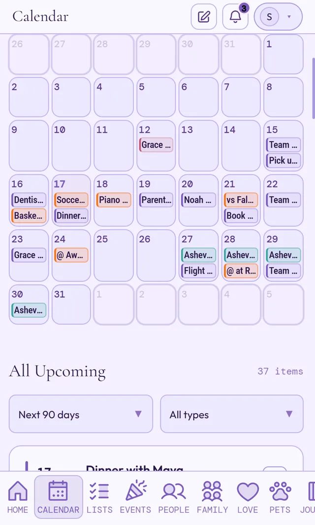 LifeBinder calendar month view with family events and an upcoming list