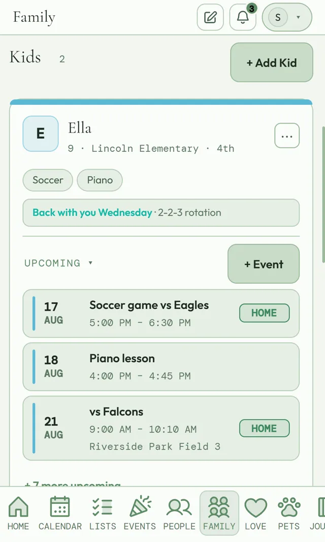 LifeBinder family section with kid profiles, activities, and upcoming events