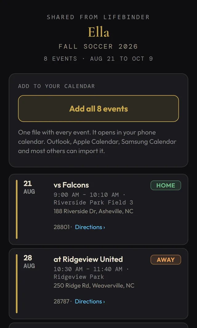 Public schedule link page with the whole season, home and away tags, and an add to calendar button, no account needed
