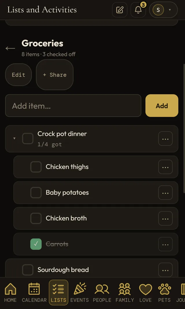 LifeBinder grocery list with nested items and a share button