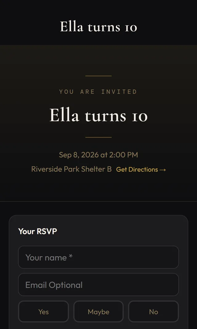 Public party invitation page with an RSVP form guests can answer without an account