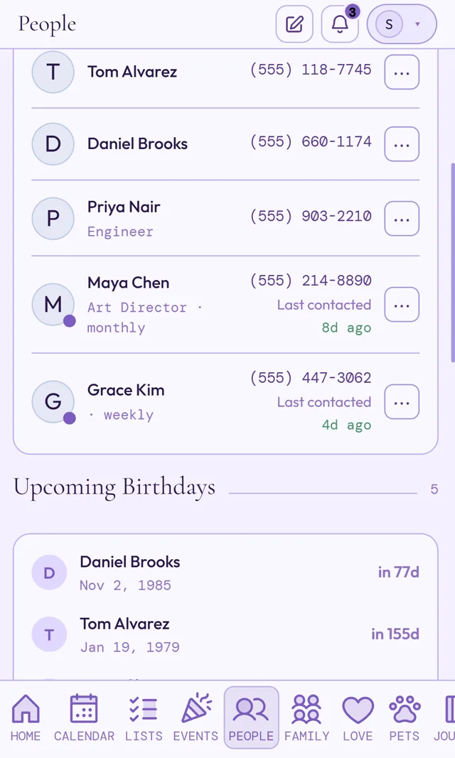 LifeBinder people section with contacts, outreach cadence, and upcoming birthdays